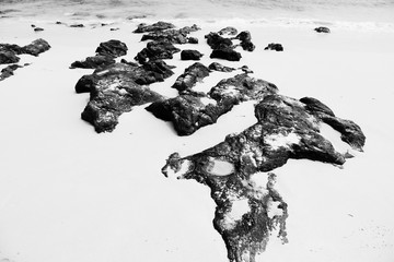 Black Rock on the White Beach Sand, Black and White Photography