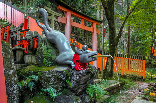 Fox Statue Water fountain in Fushimi Inari Shrine - Kyoto, Japan