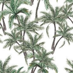 Beautiful seamless watercolor painting floral tropical pattern background with palm tree
