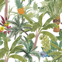 Aquarellmalerei Musterdesign tropisch, Palmen, Bananen, Ananas. Tropischer Garten.
