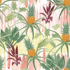Gardinen Dschungel Watercolor painting seamless pattern tropical, palm trees, bananas, pineapples. Tropical garden.  © ramiia