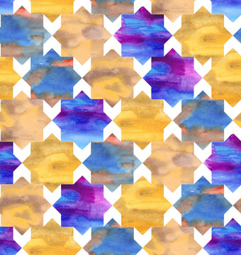 Hand-drawn watercolor seamless pattern in Moroccan style. Colorful tiles in the repeated print for the textile and wallpapers. Geometrical background