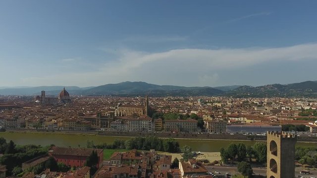 Aerial view Beautiful Cityscape of Florence with the Cathedral Santa Maria del Fiore, Florence, Tuscany, Italy. 4K Aerial vVdeo with Panoramic Shot