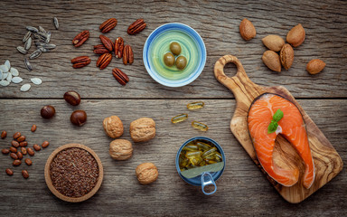 Selection food sources of omega 3 and unsaturated fats. Super fo