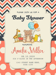 Beautiful baby girl shower card with toys - obrazy, fototapety, plakaty