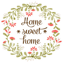 "Home sweet home" background with delicate watercolor flowers