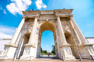 Fototapeta na wymiar Simplon roman city gate in Milan city in Italy