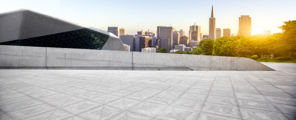 cityscape and skyline of san francisco at sunrise from floor