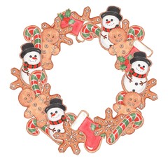 Merry Christmas. A wreath of gingerbread 2. Drawing Watercolor. Handmade drawing. For registration of festive cards, posters.