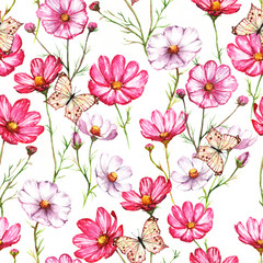 Fototapeta na wymiar Hand-drawn watercolor seamless pattern with pink and white kosmea flowers with butterflies. Colorful chamomile blossom on the repeated print for the textile, wallpapers etc. Spring background
