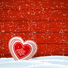 Christmas motive in scandinavian style, red and white decorated heart in front of wooden wall, illustration