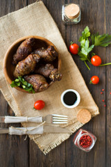 beef stuffed with mushrooms in a bowl on a wooden table