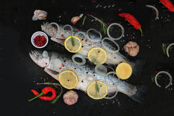 Fototapeta na wymiar Raw trout, chili, lemon, onions and rosemary on black.