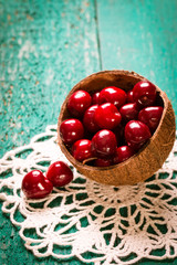 Fresh cherry on wooden table healthy food