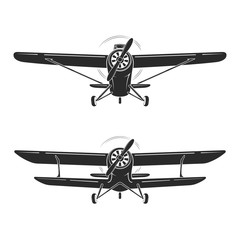 Old retro vintage airplanes emblem, icon, label. Monoplane and biplane vector illustration. © rikkyal