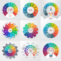 Set of 9 circle infographic templates with 12 options, steps, parts, processes. Business concept for graphs, charts, diagrams. Vector illustration. - obrazy, fototapety, plakaty