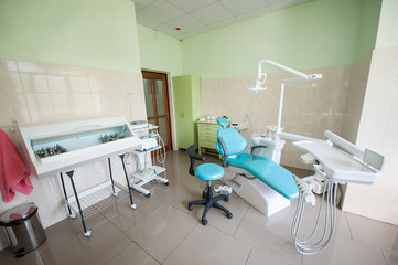 Dental unit, therapeutic and surgical instruments in empty dentist office. Surgery. Dentistry. Stomatological equipment
