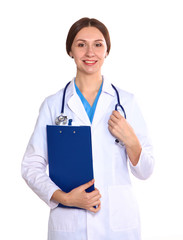 Happy smiling young beautiful female doctor showing blank area for sign or copyspace, isolated over white background