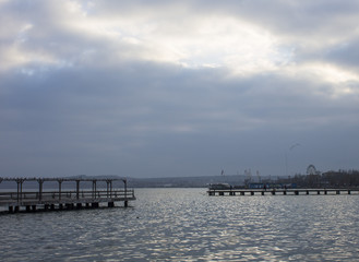 Fototapeta na wymiar Seagulls on the dock. Black Sea