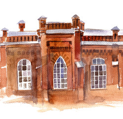watercolor old red brick city buildings