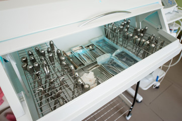Close-up of chamber for sterile storage of medical and surgical instruments in the dentist's office. Surgery
