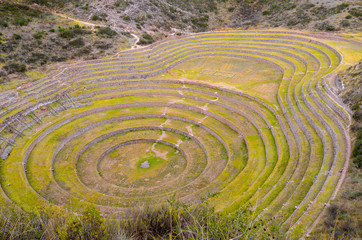 Fototapeta na wymiar Ancient Inca circular agricultural terraces at Moray used to study the effects of different climatic conditions on crops.