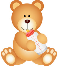 Teddy bear baby drinking milk from bottle
