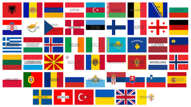 Illustration of all the flags of Europe with the countries written on the flag
