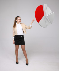 Woman shows a pie chart, circle diagram. Business analytics concept.