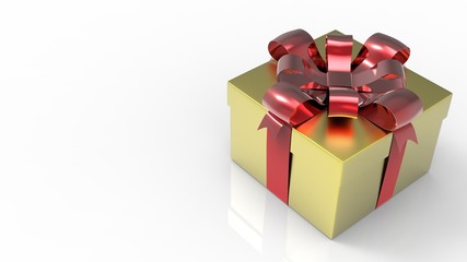 Glittery gold giftbox with red bow on white background. 3D render.