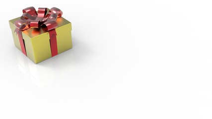 Glittery gold giftbox with red bow on white background. 3D render.