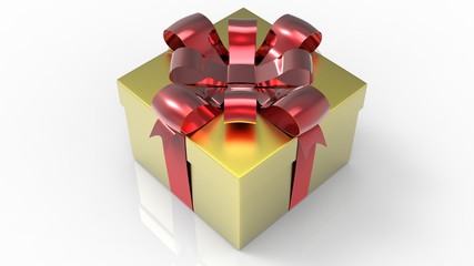 Glittery gold giftbox with red bow on white background. 3D render.