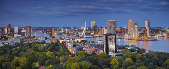 Rotterdam Panorama. Panoramic image of Rotterdam, Netherlands during twilight blue hour. - obrazy, fototapety, plakaty