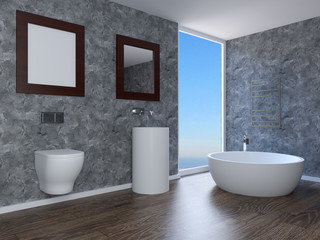 Fototapeta na wymiar Modern interior of a bathroom in a city apartment. 3D Render