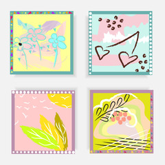 Set of artistic creative universal cards with hand drawn textures. Design for greeting cards, invitations, brochures, posters, leaflets. Wedding, anniversary, birthday.Isolated. Vector illustration.