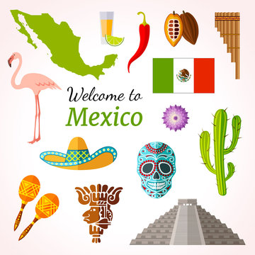 Mexico travel banner with icons, souvenirs, design elements and famous mexican symbols. Vector illustration in flat style with inscription.