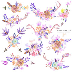 Bouquets with the watercolor floral elements: succulents, flowers, antlers, leaves, feathers, arrows and branches, on a white background, for a greeting card, a decoration of a wedding invitation