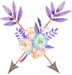 A decorative bouquet with the watercolor floral elements: succulents, flowers, leaves, arrows and branches, on a white background, for a greeting card, a decoration of a wedding invitation