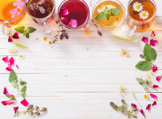 herbal tea on a white wooden background