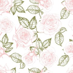 Panele Szklane  Wektor bezszwowe patern róż. Ręcznie rysowane grawerowane vintage ilustracji.