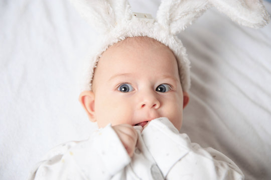 portrait of adorable baby in Bunny suit..