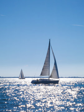 sailing boats navigating in the sea in summer with sun reflectio
