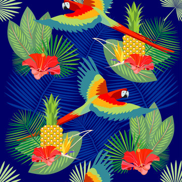Seamless pattern with tropical exotic palm leaf, flowers, flying parrot. Vector.