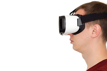 a man using virtual reality glasses profile view, isolated