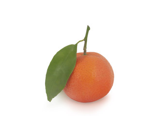 One mandarine with green leaf isolated on white background 
