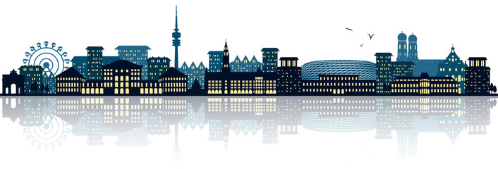 München Bayern Skyline Panorama Silhouette - obrazy, fototapety, plakaty