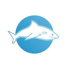 Blue flat logo shark for company, business, club and sport team. Logotype of tourism, resort or hotel by the sea or ocean. Icon of animal jumping isolated. Vector design of label, sign, app and web.