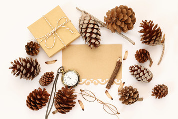 Top view of pine cones, gift box and blank card