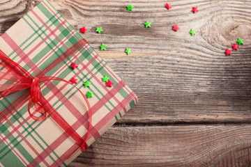 Christmas presents on old wooden table