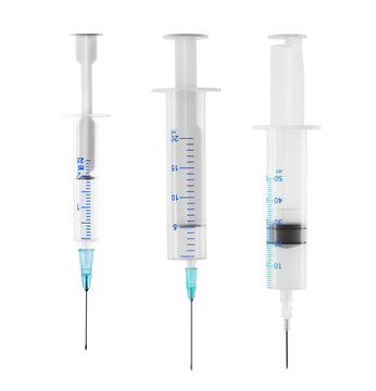 syringes of 2.5, 20 and 50 ml on a white background